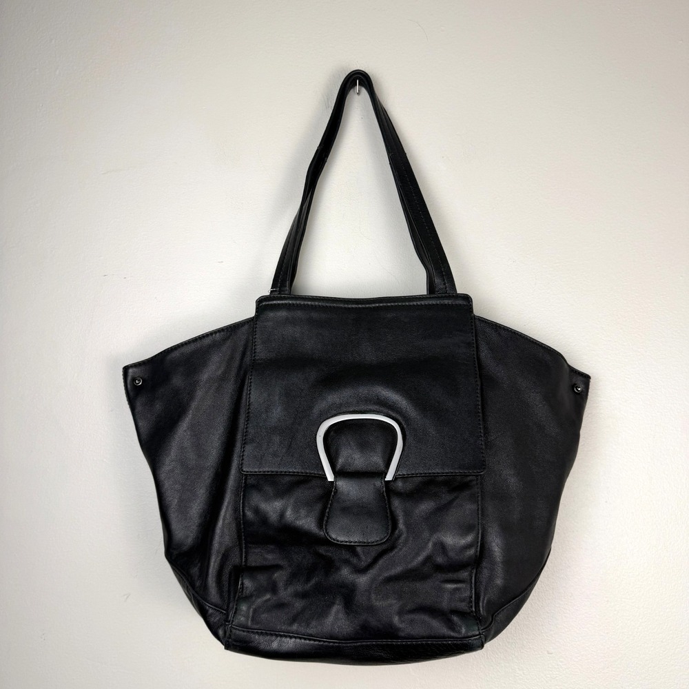 Kooba Tote Bag Women Black Soft Leather Silver Buckle Flap Pocket Shoulder Strap
